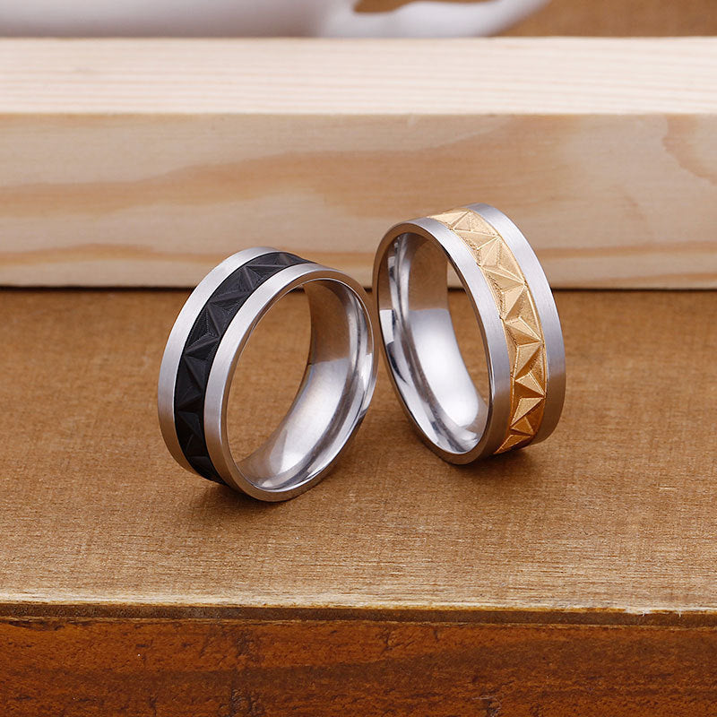 Unisex Titanium Steel Ring Embossed Electroplating Two Color Gold Pattern Geometric Statement Ring Jewelry Band