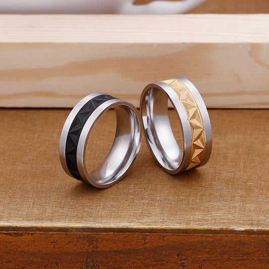 Unisex Titanium Steel Ring Embossed Electroplating Two Color Gold Pattern Geometric Statement Ring Jewelry Band