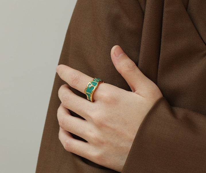 Womens Brass Ring With Emerald Green Dripping Oil Handmade Geometric Ring European American Retro Fashion Gift