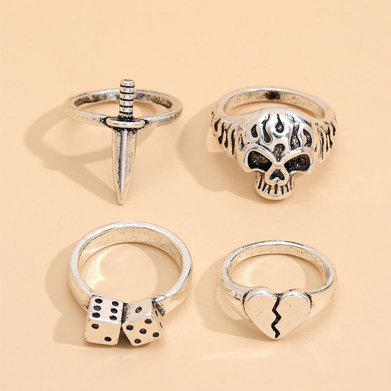 Women Ring Set Silver Tone Fashion Rings With Skull Heart Geometric Ornaments Alloy Electroplated For Everyday Wear
