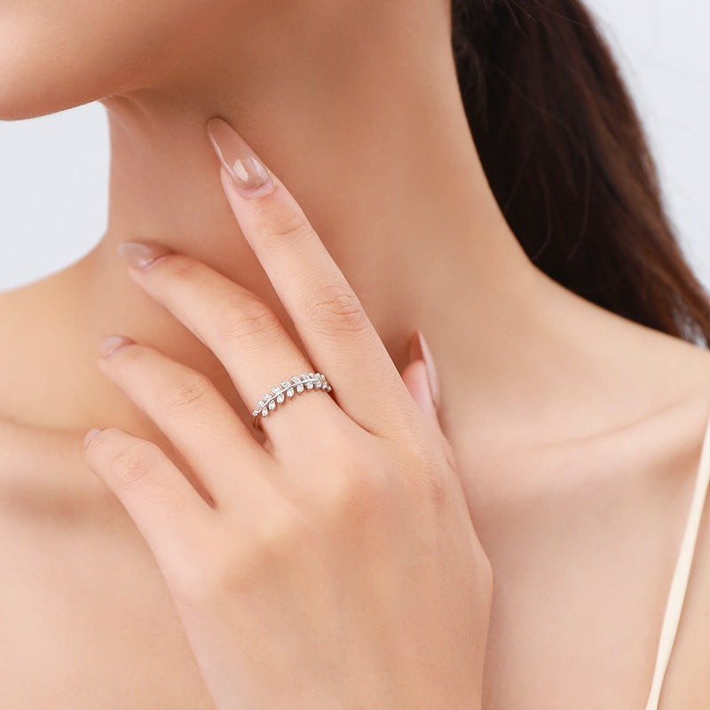 Leaf Joint Ring Micro Studded Olive Branch Silver Ring Korean Style Diamond Gift Ring For Festivals Olive Leaf