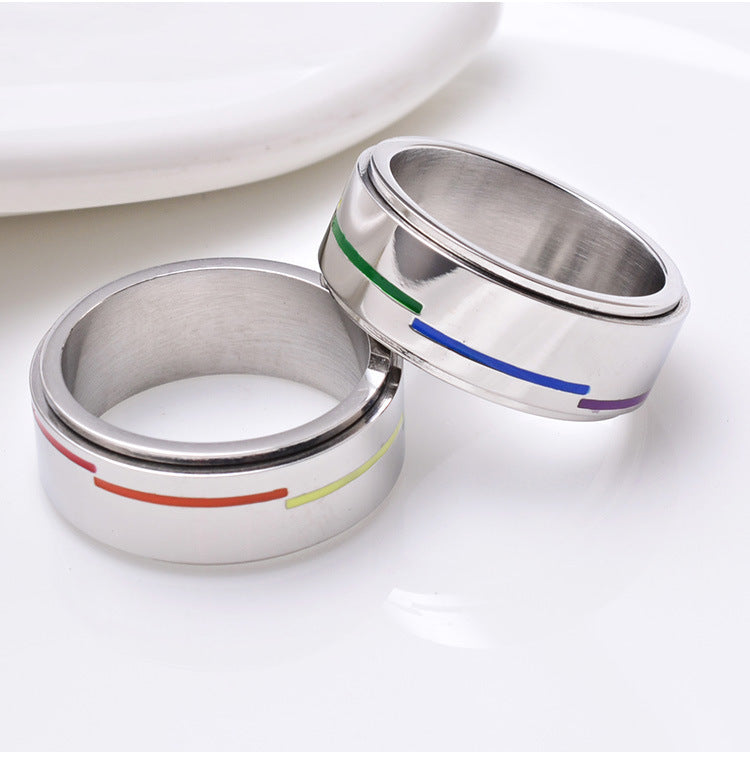 Silver Rotatable Rainbow Flag Ring Stainless Steel Fashion Jewelry Unisex Gift Accessory Versatile Style Jewel