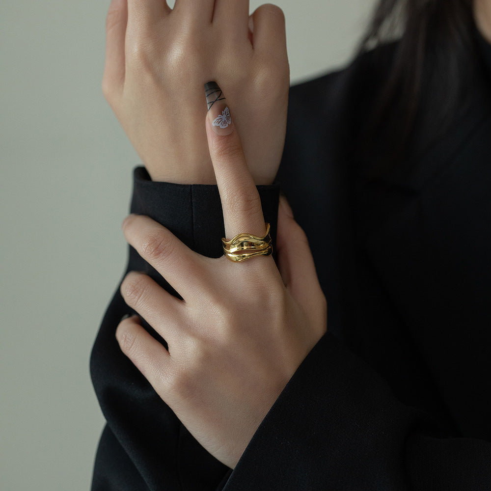 Unisex Titanium Steel Gold Plated Double Layer Cross Ring Geometric Statement Jewelry Men Women Fashion Accessory