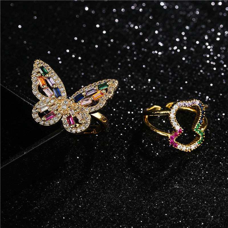 Rainbow Color Crystal Zircon Ring Copper Style Simple And Stylish Electroplated Inlay Jewelry For Daily Wear S