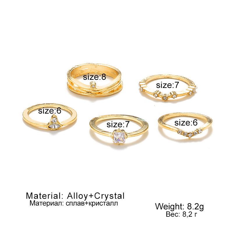 Womens Fashion Rings Set Gold Plated Retro Geometric Jewelry with Pearl Rhinestones and Diamond Accents Five Piece