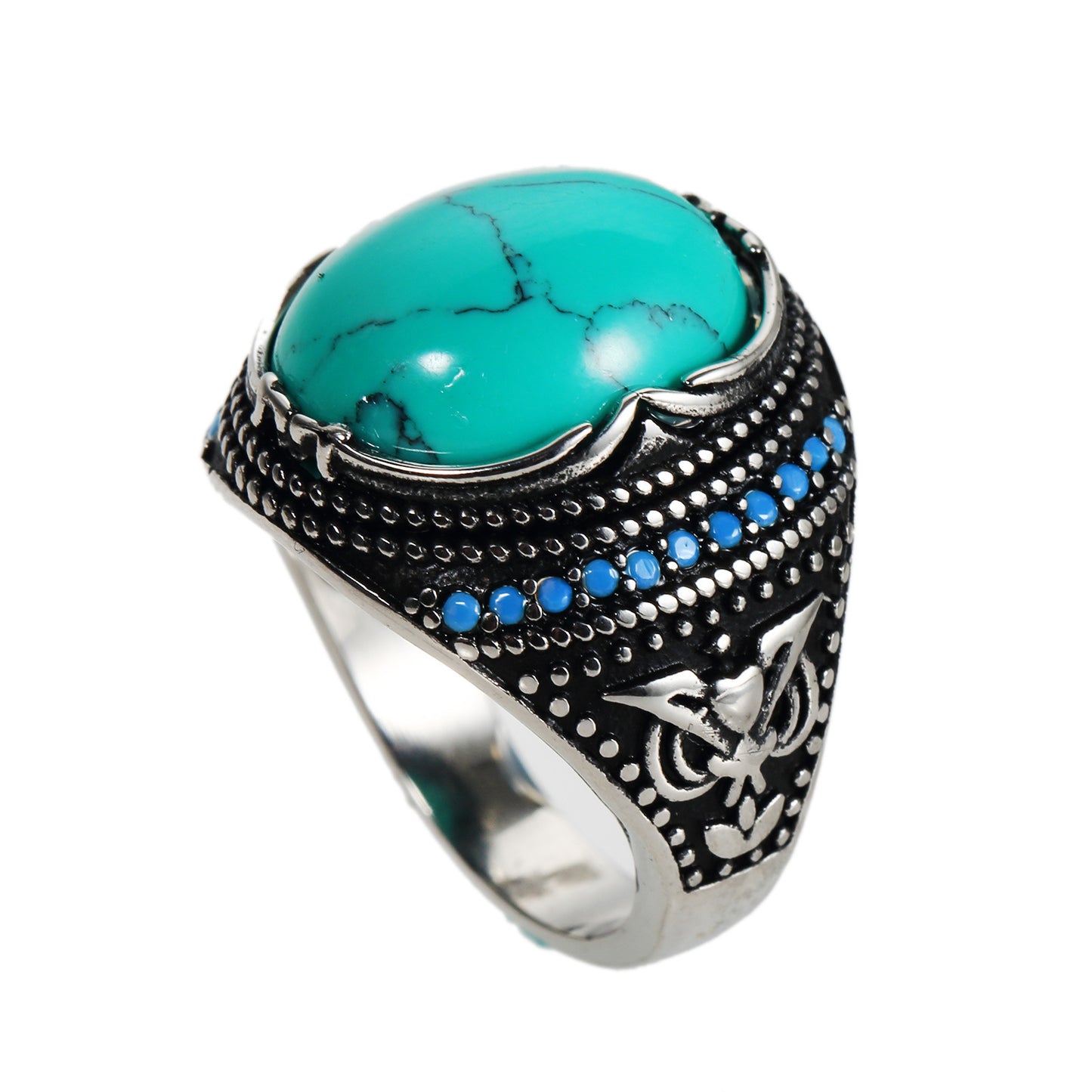 Mens Stainless Steel Ring Geometric Green Textured Turquoise Design Ring Durable Statement Fashion Jewelry Ring