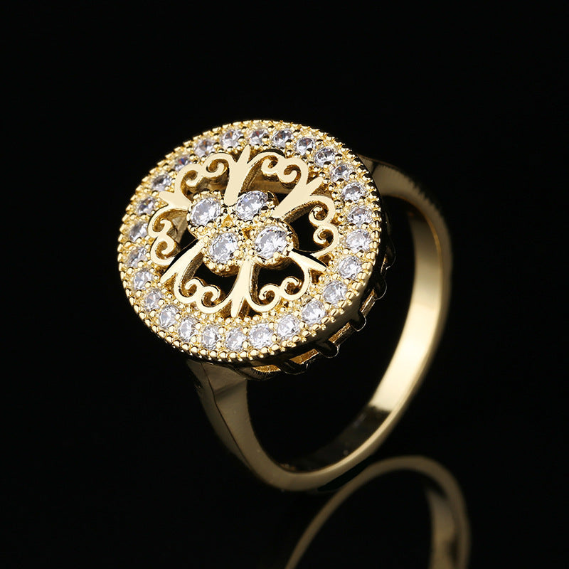 Womens Ring Gold Plated Copper Ring Sparkling Zircon Hollow Flower Design European Ring Wedding Jewelry Golden