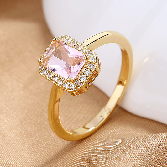 Geometric Octagonal Zircon Ring For Women Pink Copper Inlaid Jewelry Elegant Everyday Accessory Luxury Sparkle