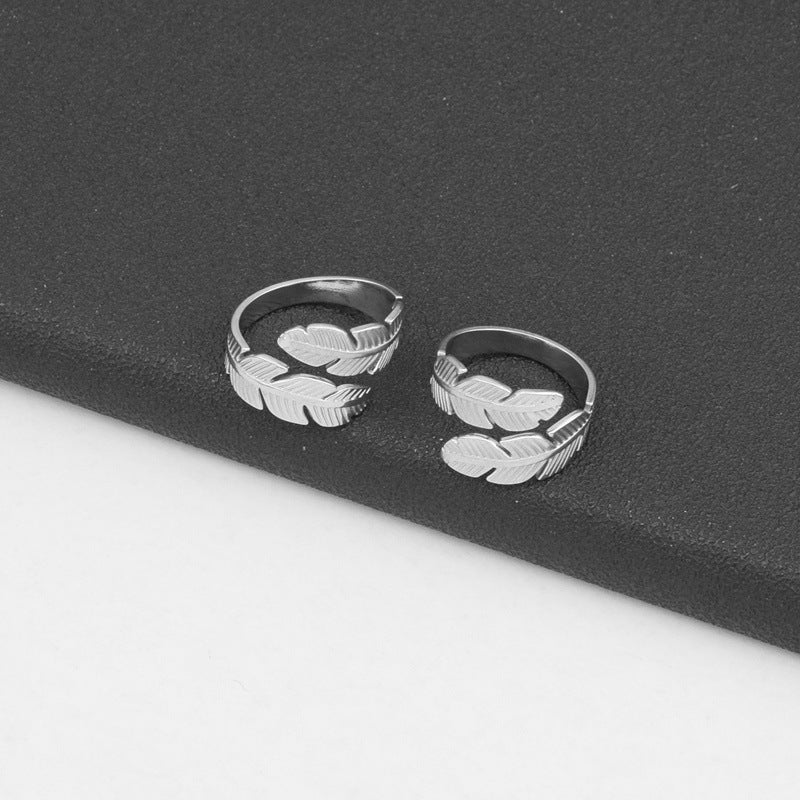 Unisex Stainless Steel Feather Ring Adjustable Open Geometric Wing Wheat Design Jewelry Electroplated Finish Style