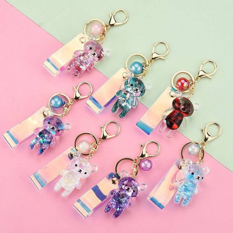 Oil Filled Bear Keychain Cute Animal Keyring Acrylic Bag Charm for Backpacks Purses Colorful Pendant Accessory