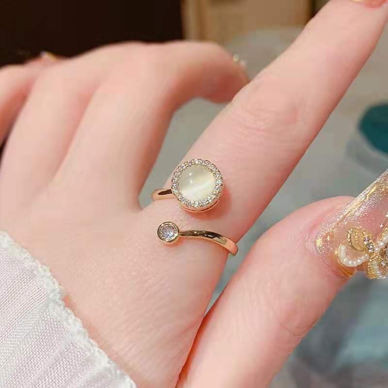 Womens Adjustable Ring Cat Eye Moonstone Rotatable Copper Band Little Golden Ball Korean Fashion Ring Style Cat Style