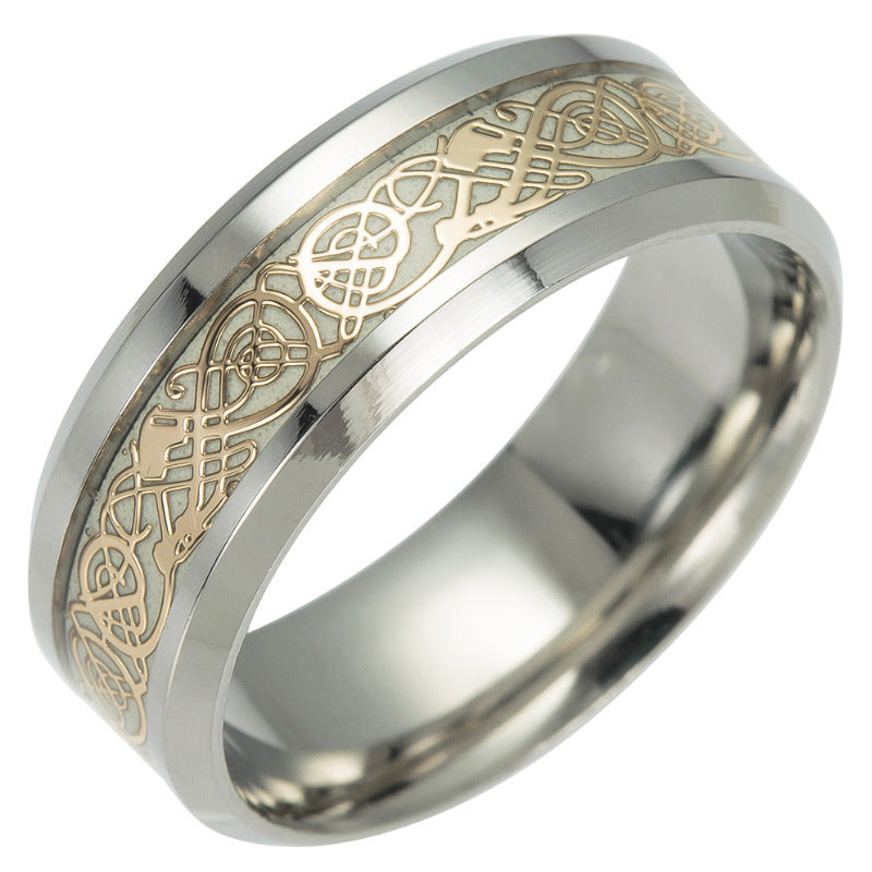 Unisex Titanium Steel Ring With Luminous Dragon Pattern European American Style Travel Gift Band Men And Women