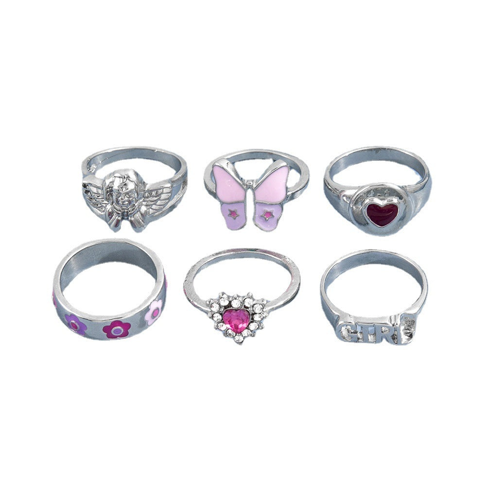 Women Alloy Rings Set Silver Finish Heart Drip Design Elegant Jewelry Gift For Her Parties Six Piece Ring Sets