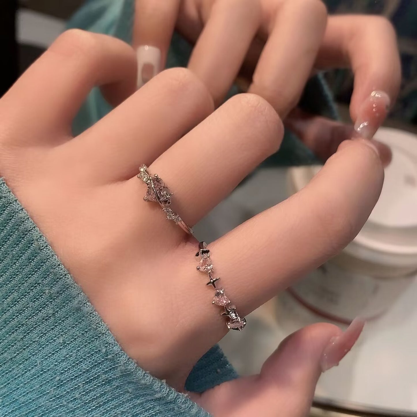 Adjustable Heart Ring For Women Pink Zirconium Silver