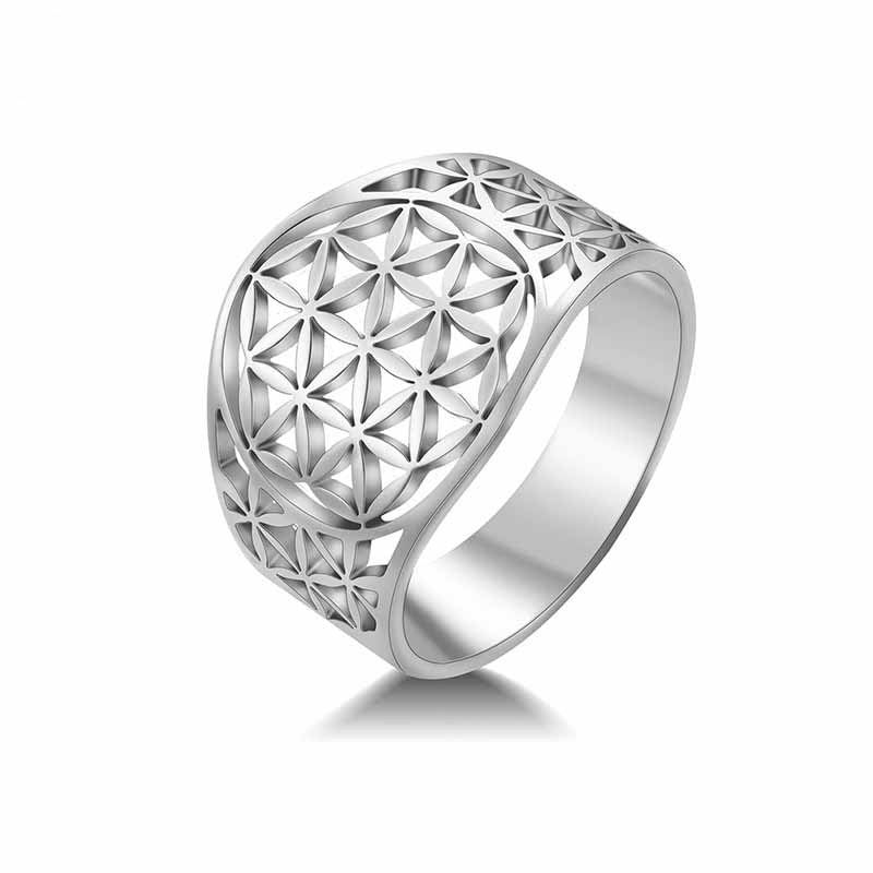 Stainless Steel Ring Flower of Life Design Durable Elegant Band Everyday Wear Jewelry Gift Women Men Hypoallergenic