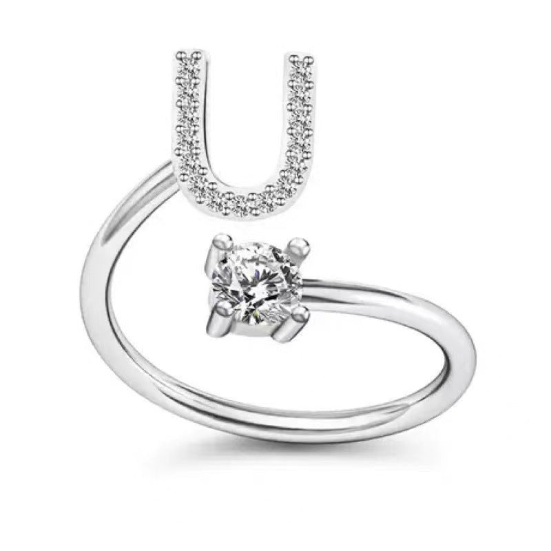 Women's Initial Alphabet Zircon Ring Open Mouth Adjustable Design A to Z Letter Jewelry Gift for Her Gifts for Her