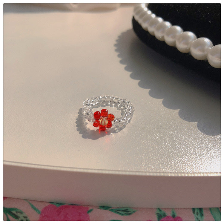 Womens Hand Woven Crystal Flower Ring Beaded Elastic Braclet Elegant Floral Fashion Jewelry Flower Design Ring