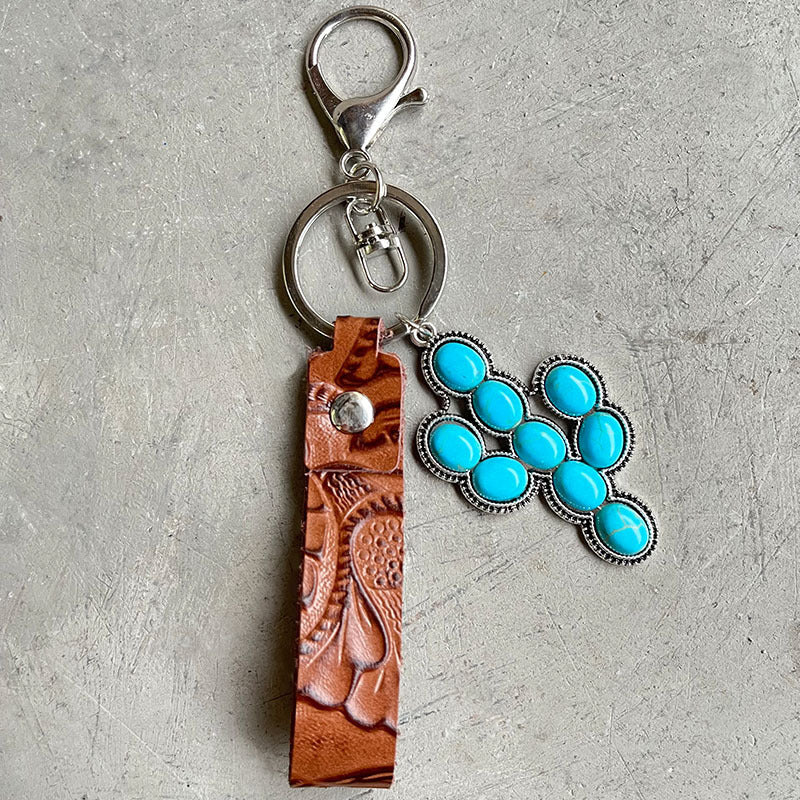Leather Keychain Embossed Cattle Leather Turquoise Pumpkin Flower Pendant Western Style Electroplated Key Ring