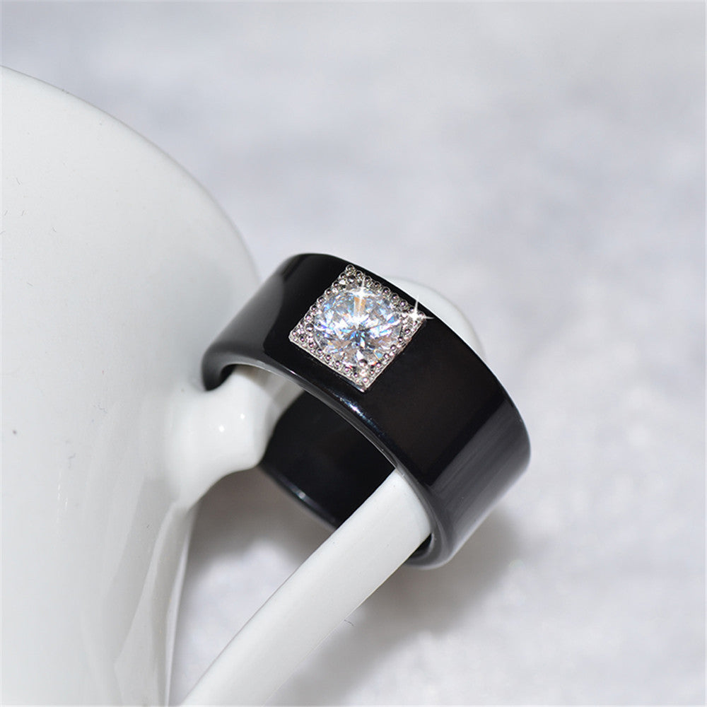 Couple Rings Geometric Alloy Ring Set With Inlaid Zircon Stones Chamfered Square Pattern Elegant Matching Bands Black