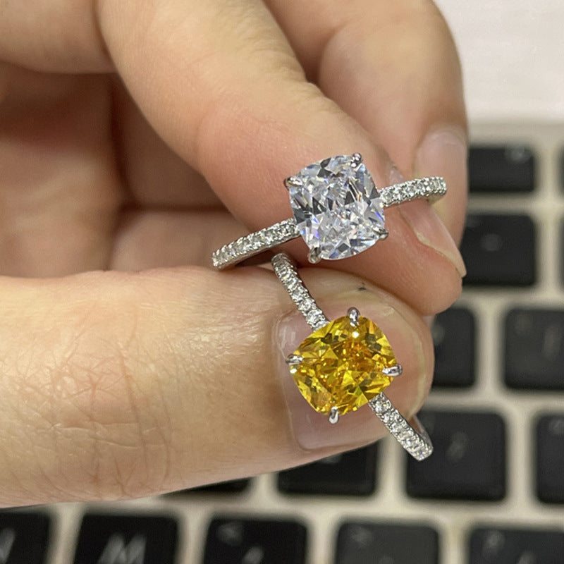 Rectangular Yellow Zircon Ring With Micro Setting White Copper Band Elegant Fashion Jewelry Statement Elegance