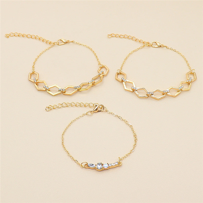 Womens Geometric Rhombus Chain Bracelet Set Electroplated Alloy Fashion Jewelry Diamond Studded European Design