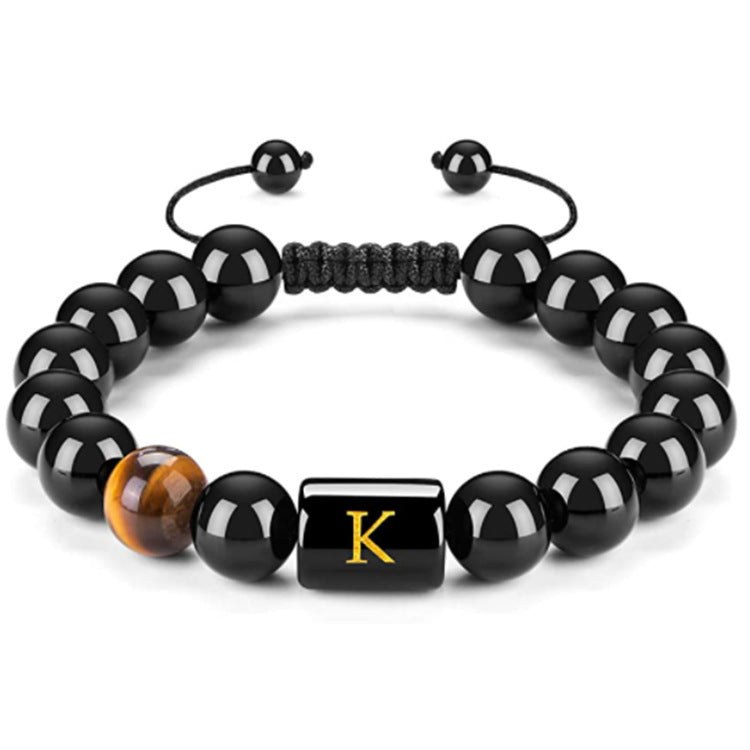 Mens Natural Black Agate 10mm Beads Handmade Initial Letter Bracelet Personalized Gift for Men Letter A Shape Letter