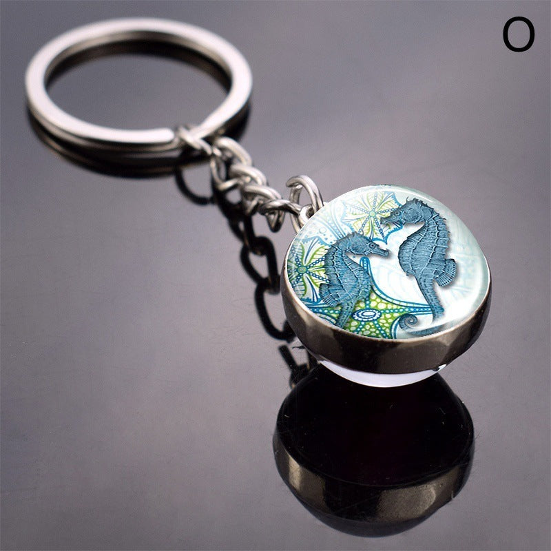 Double Sided Glass Ball Key Ring With Turtle Charm Time Gem