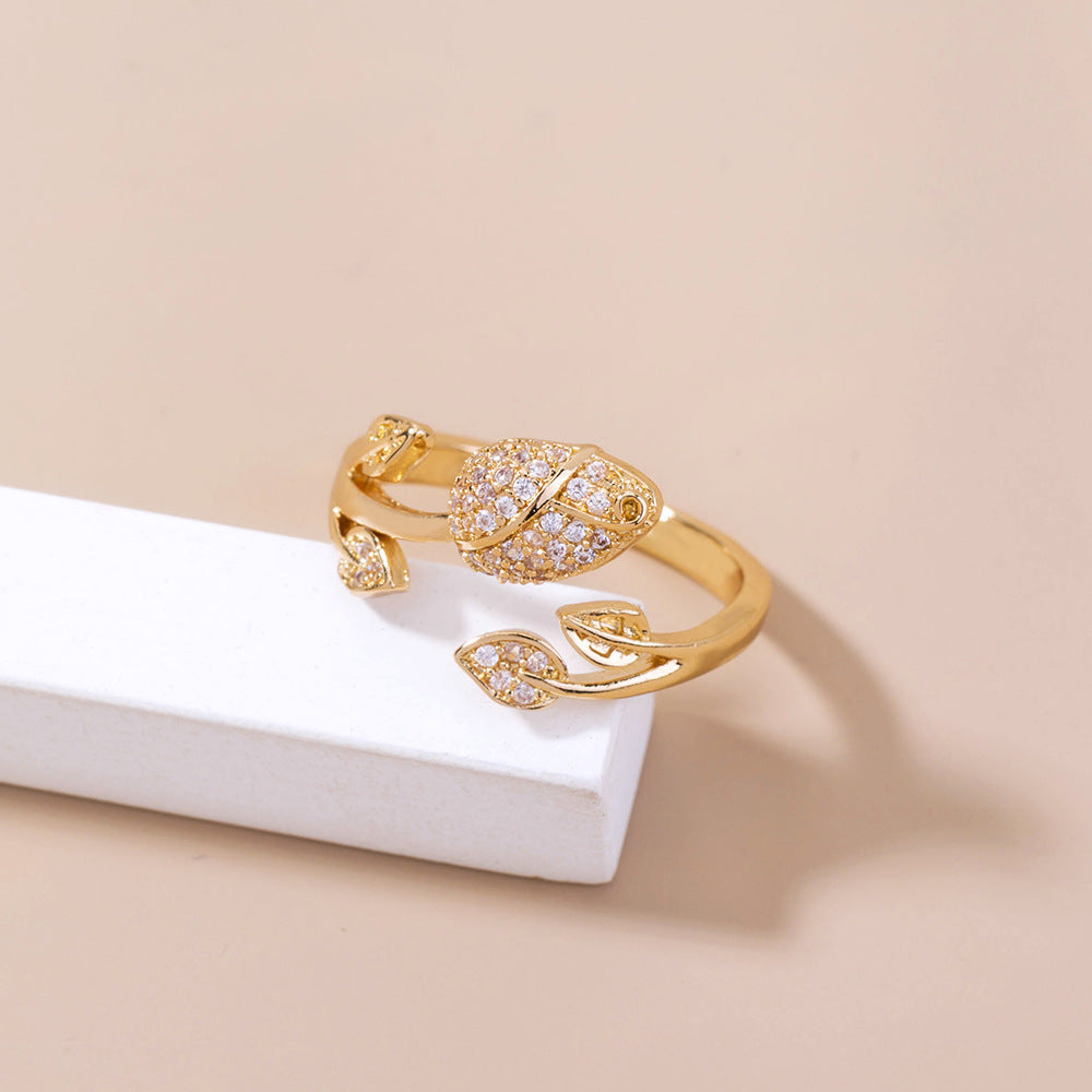 Unisex Copper Ring With Rose Zircon And Animal Zodiac Design Gold Electroplate 17mm Inner Adjustable Rings Fit