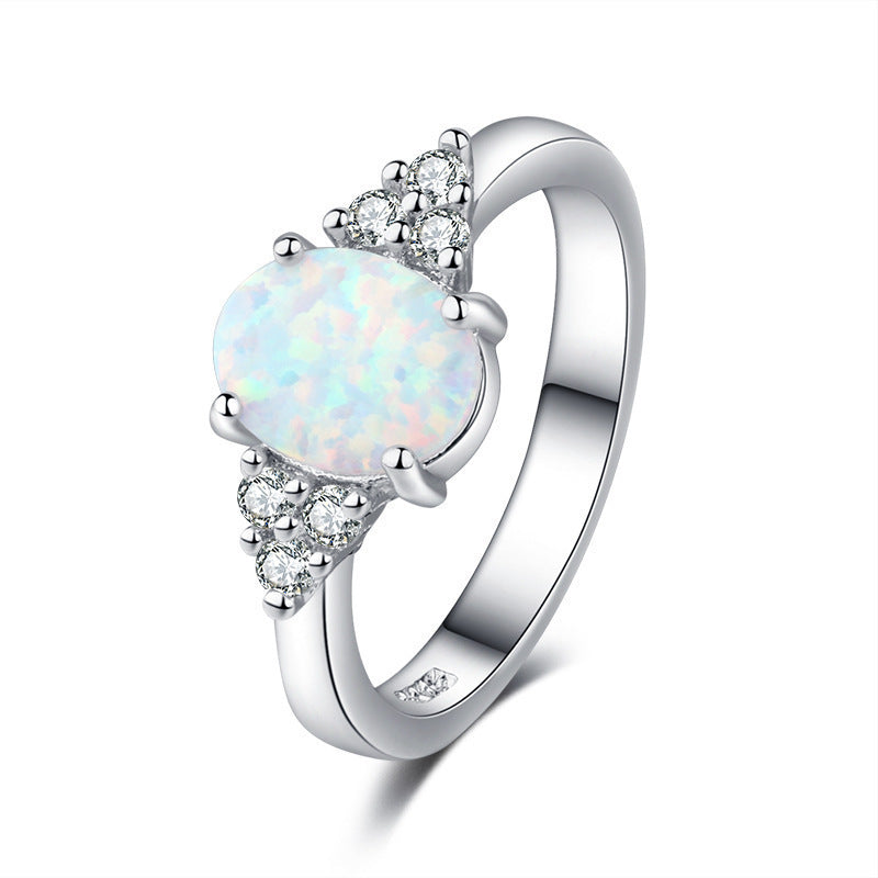 Womens Opal Ring With Diamond Accents Simple Metal Alloy Band Artificial Gems Semi Precious Stones Ring Fashion