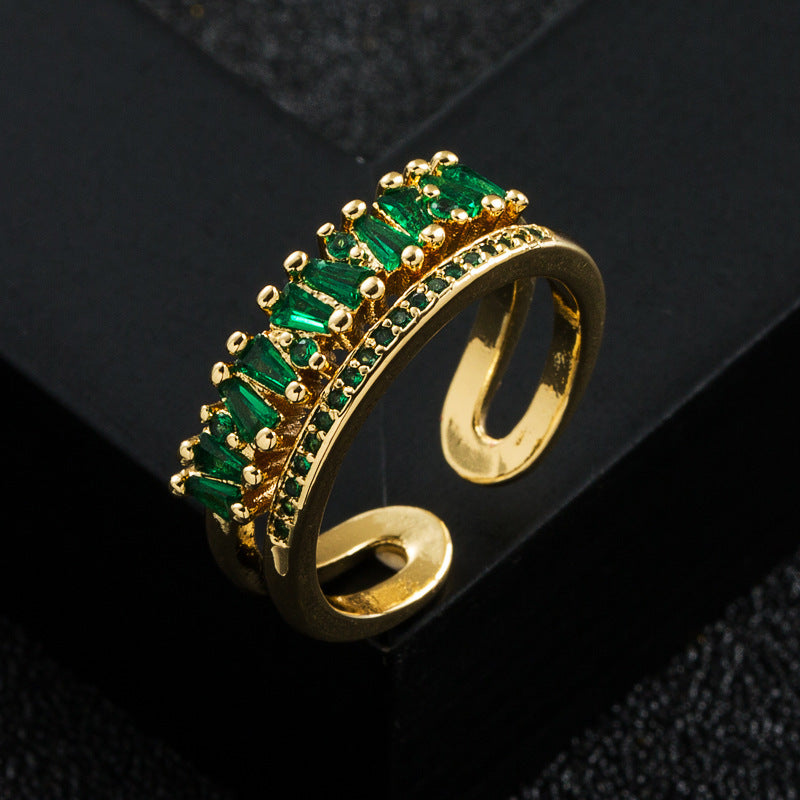Gold Plated Zircon Ring With Double Layer Design Brass Copper Jewelry For Elegant Everyday Wear Rainbow Shines