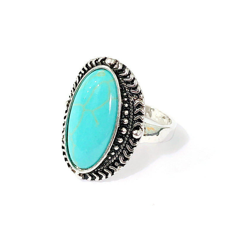 Unisex Vintage Oval Turquoise Ring Heart Shape Statement Alloy Electroplated Fashion Jewelry For Men Women Chic