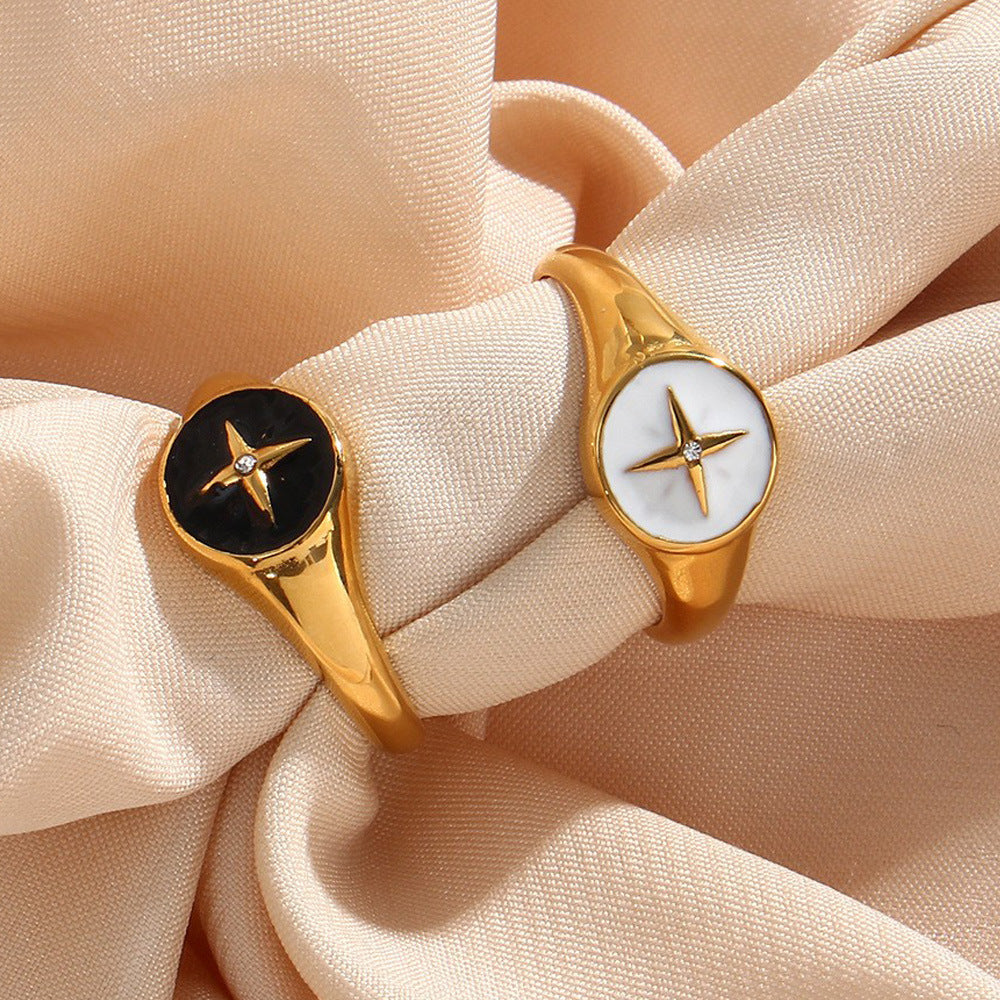 Ladies Stainless Steel Rings With Compass Disc Geometric Retro Fashion Jewelry For Women And Girls Black White