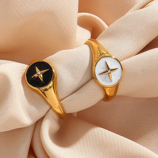 Ladies Stainless Steel Rings With Compass Disc Geometric Retro Fashion Jewelry For Women And Girls Black White