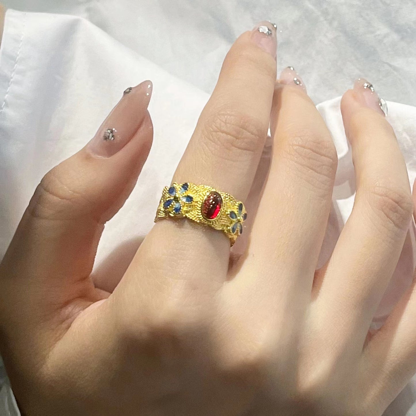 Adjustable Gold Plated Copper Ring With Silk Inlay In Burnt Blue Retro Lotus Orchid Design Open Ring For Women