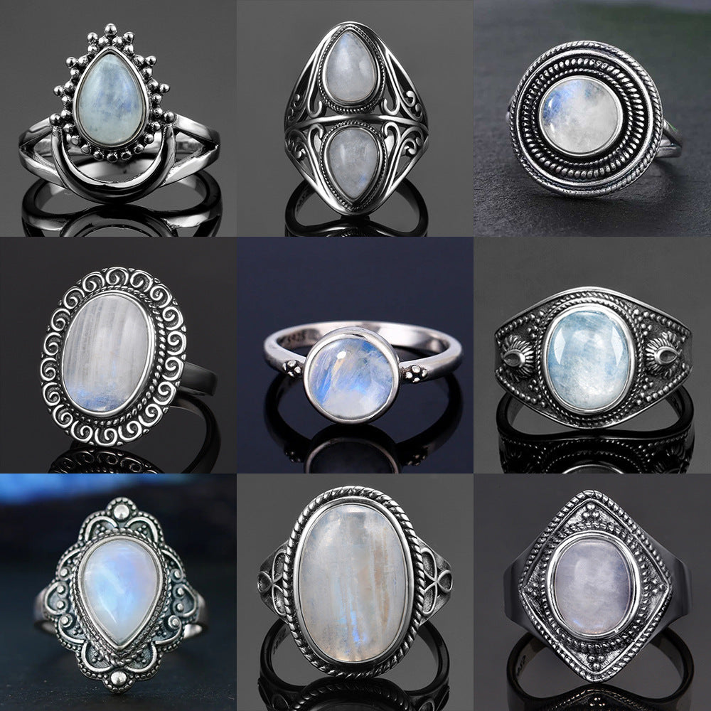 Moonstone Ring Vintage Wide Face Court Style Patterned Copper Electroplated Elegant Statement Jewelry Pure Glow