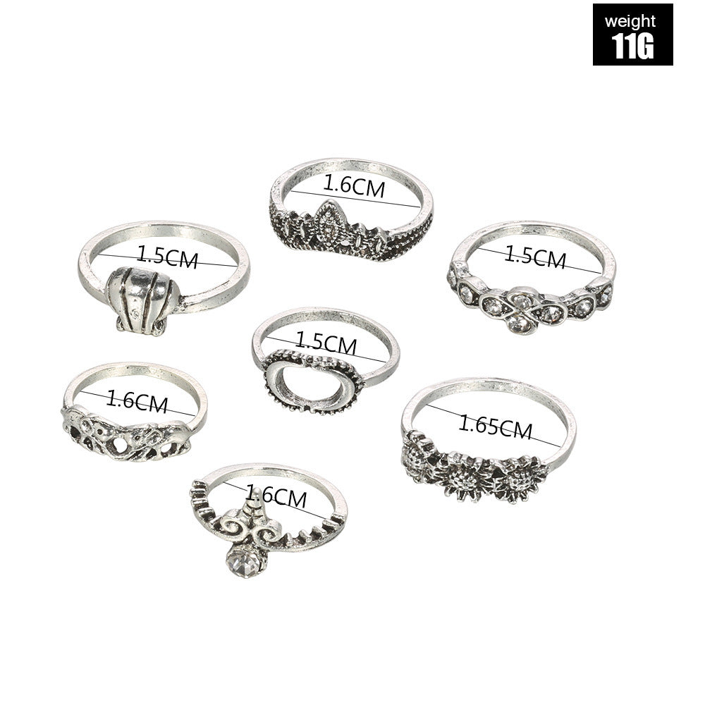 Unisex 7 Piece Alloy Ring Set European American Sunflower Shell Elephant Crown Moon Design Gift For Collectors