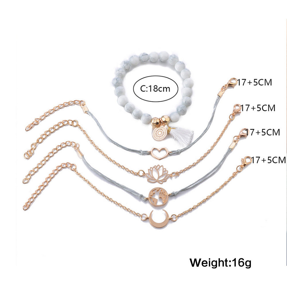 Gold Bracelet Set Five Piece Hand Woven Moon Earth Lotus Peach Heart Charms Adjustable Length 17cm 18cm Tail 5cm