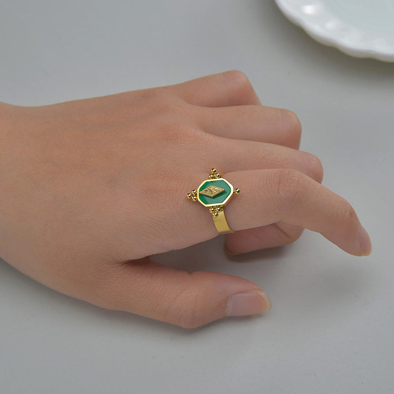 Womens Titanium Steel Ring Vintage Geometric Ring Electroplated Green Ring Fashion Jewelry All-match Ring Retro Ring Simple Ring
