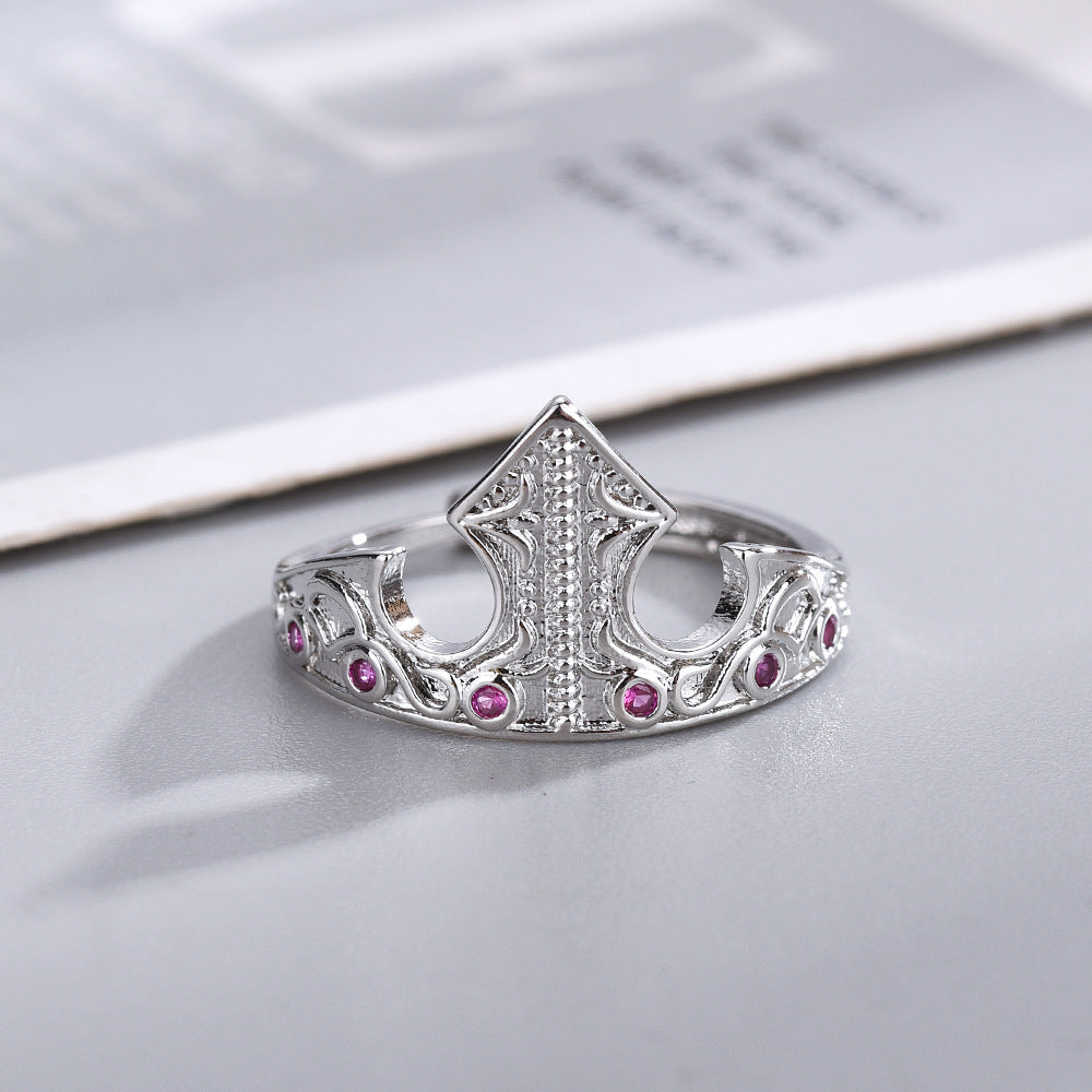 Womens Adjustable Open Crown Ring Featuring Red Jade Stone On Copper With Delicate Mosaic Design Elegant Craft