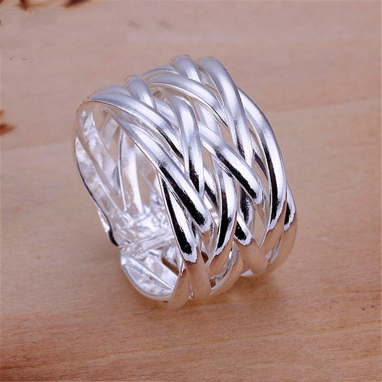 Womens 925 Sterling Silver Open Mesh Geometric Ring European American Plated Knit Design Band Jewelry Everyday