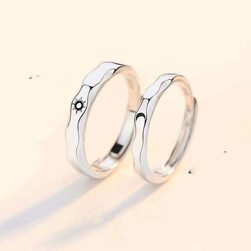 Adjustable Couple Rings Japanese Korean Geometry Design Gold Plated With Artificial Gems Sun And Moon Gift Set