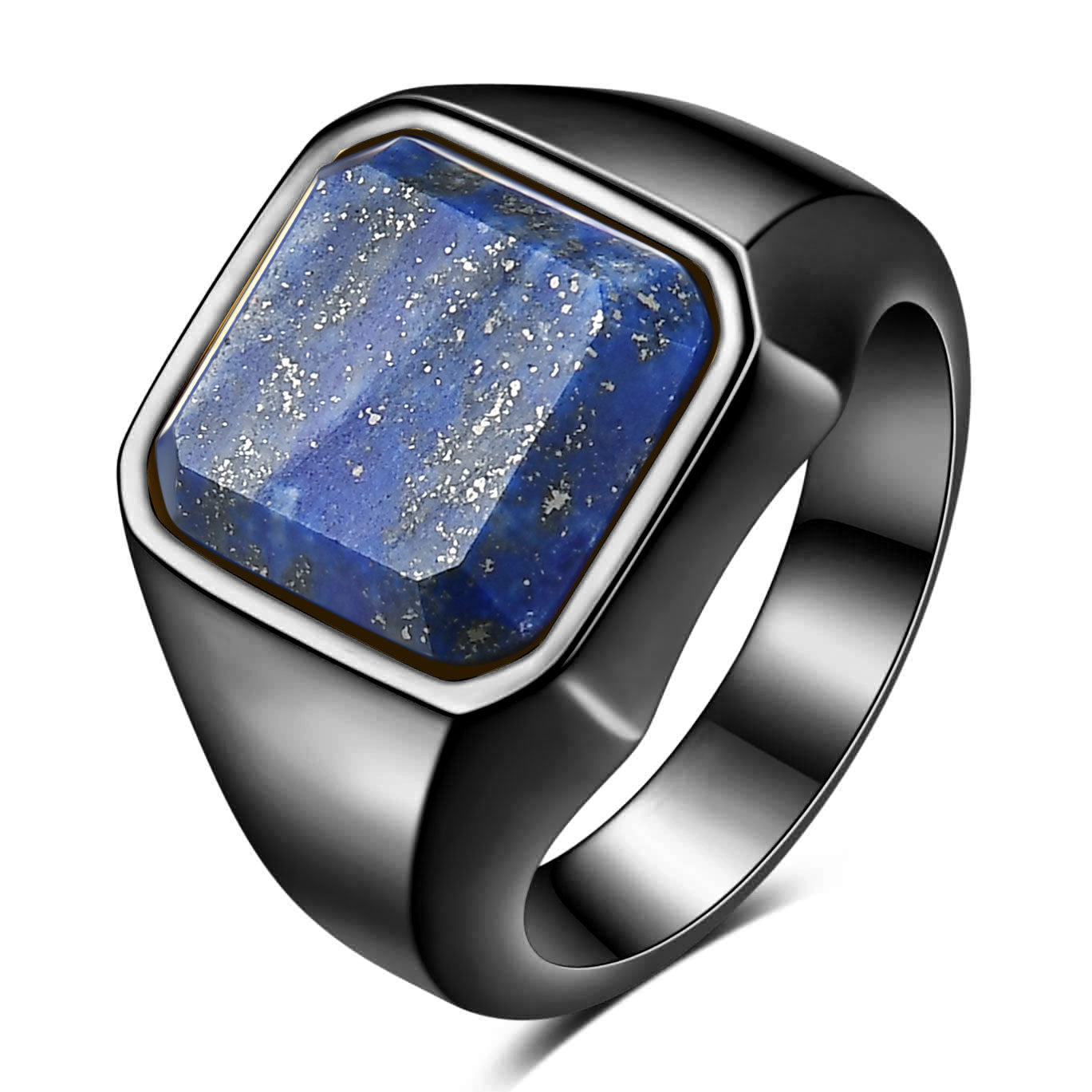 Unisex Titanium Steel Ring with Geometric Square Lapis Inlay Retro Stainless Steel Statement Ring Gift for Him or Her Fashion Jewelry Accessories