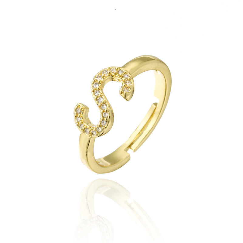 Adjustable Letter Ring Zircon Inlay Copper Jewelry