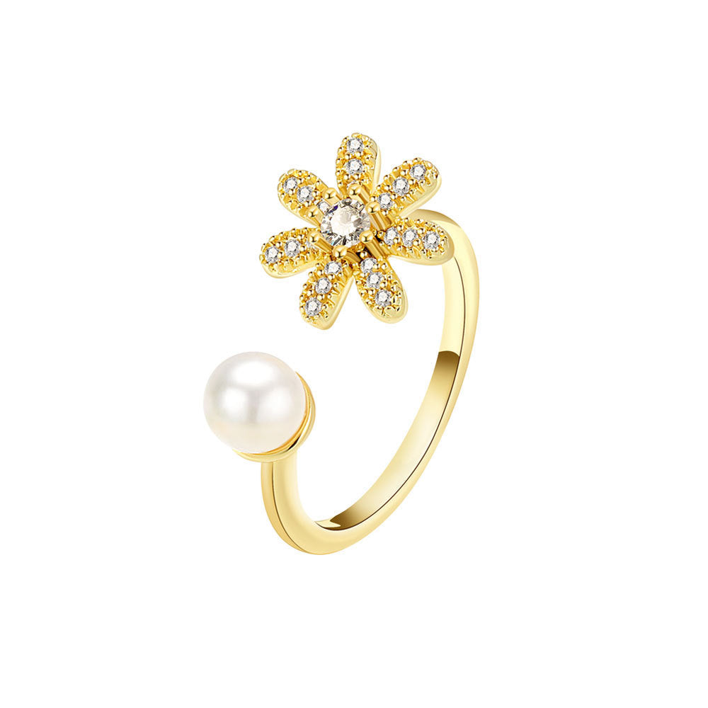 Womens Adjustable Rings With Zircon Pearl Flower Copper Electroplated Yellow Golds Gems And Adjustable Opening