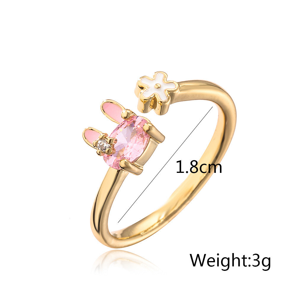 Womens Adjustable Copper Ring With 18K Gold Plating Micro Inlay Zircon Rabbit Geometric Design Jewelry Gift For Women