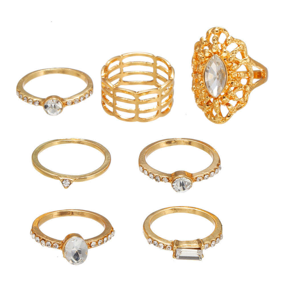 Womens Fashion Rings 7 Pieces Geometric Alloy Electroplated Rings With Artificial Gems European American Match