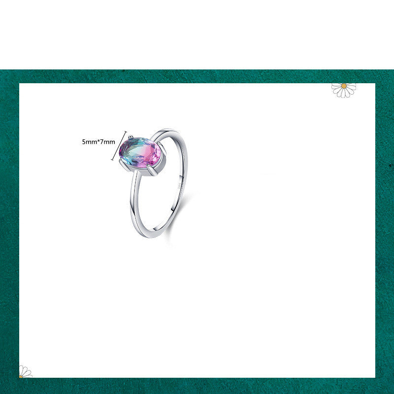 Womens Sterling Silver Ring Oval Imitation Watermelon Tourmaline Geometric Design Fashion Ring High End Silver