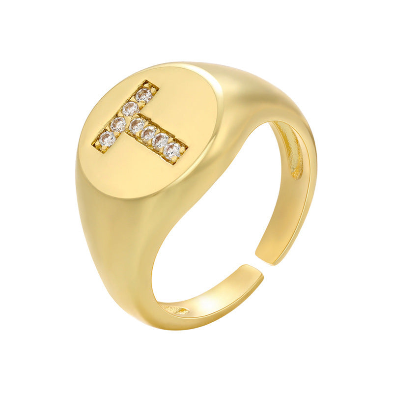 Women Adjustable Initial Ring Wide Band Gold Tone Diamond Accent Personalized Alphabet Jewelry Gift Daily Wear