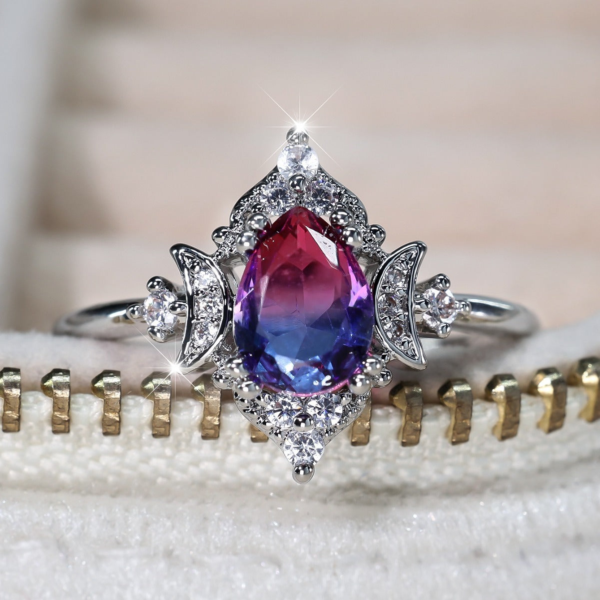 Copper Crown Ring Women Water Drop Tourmaline Style Fashionable Personality Statement Jewelry Silver Rose Blue