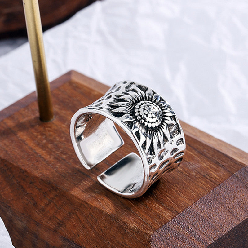 Sunflower Ring For Women Retro Silver Copper Distressed Finish Flower Jewelry Individually Packed Vintage Style